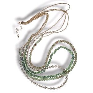 Vintage 3 Strand Crystal Bead Necklace Green & Gold Tones 30"-33" Layered Boho